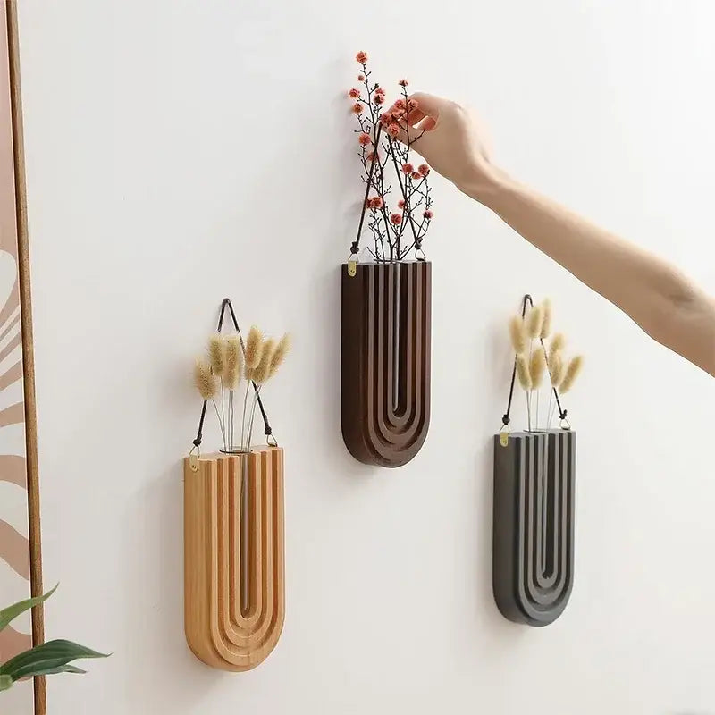 Modern grooved wooden flower vase wall mount set living room decor