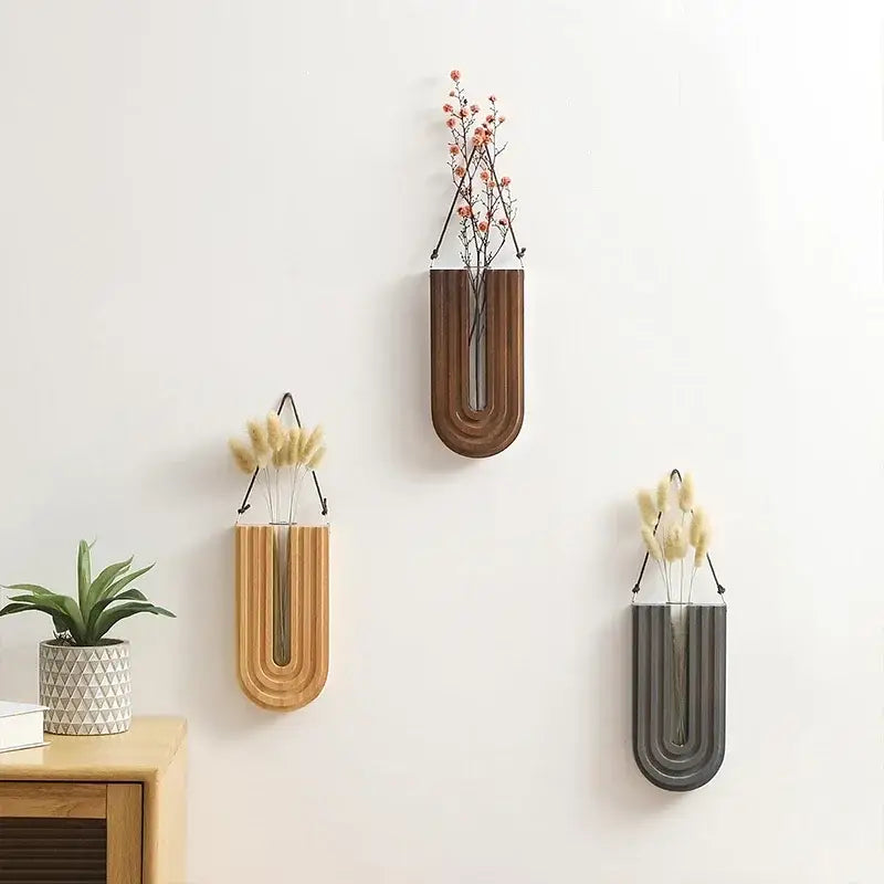 Modern grooved wooden flower vase wall mount set living room decor
