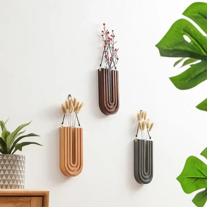 Modern grooved wooden flower vase wall mount set living room decor