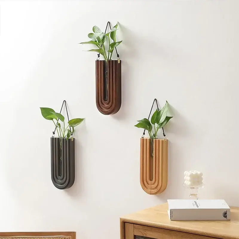 Modern grooved wooden flower vase wall mount set living room decor