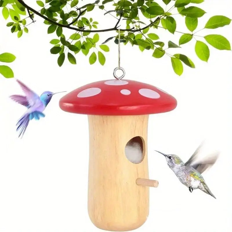 Mushroom wooden hanging hummingbird house outdoor garden decor