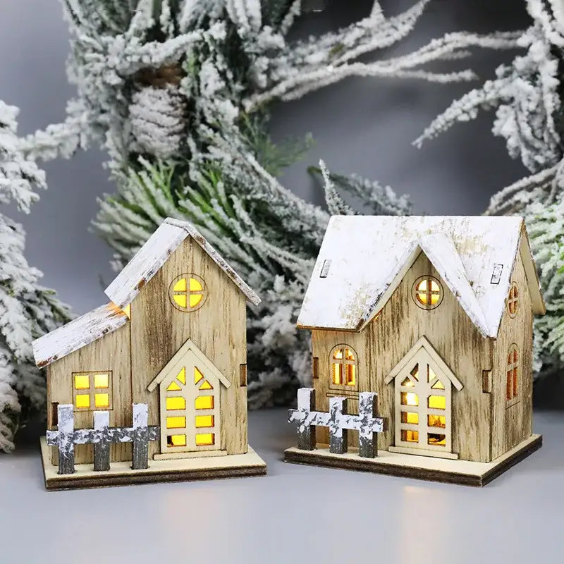 Rustic snow dusted wooden led light house living room decor