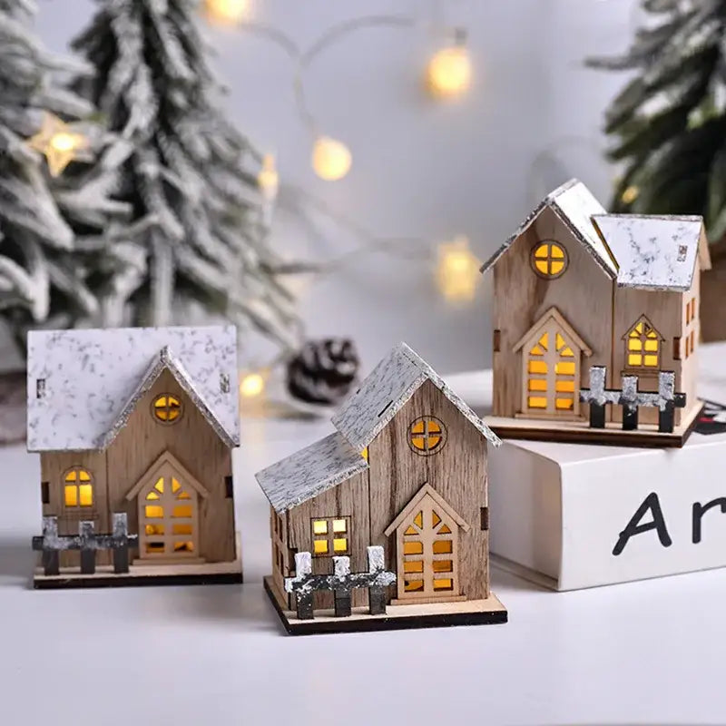 Rustic snow dusted wooden led light house living room decor