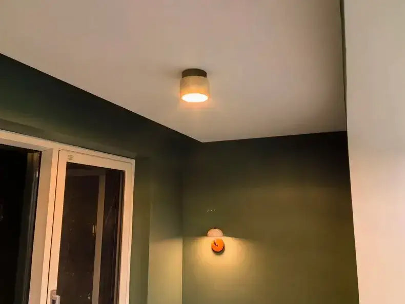 Yellow marble ceiling light beige fabric and wood for living room