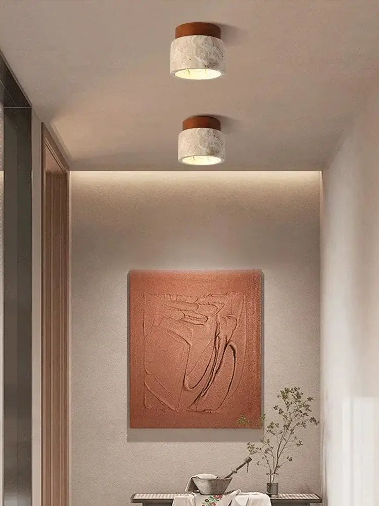 Yellow marble ceiling light beige fabric and wood for living room