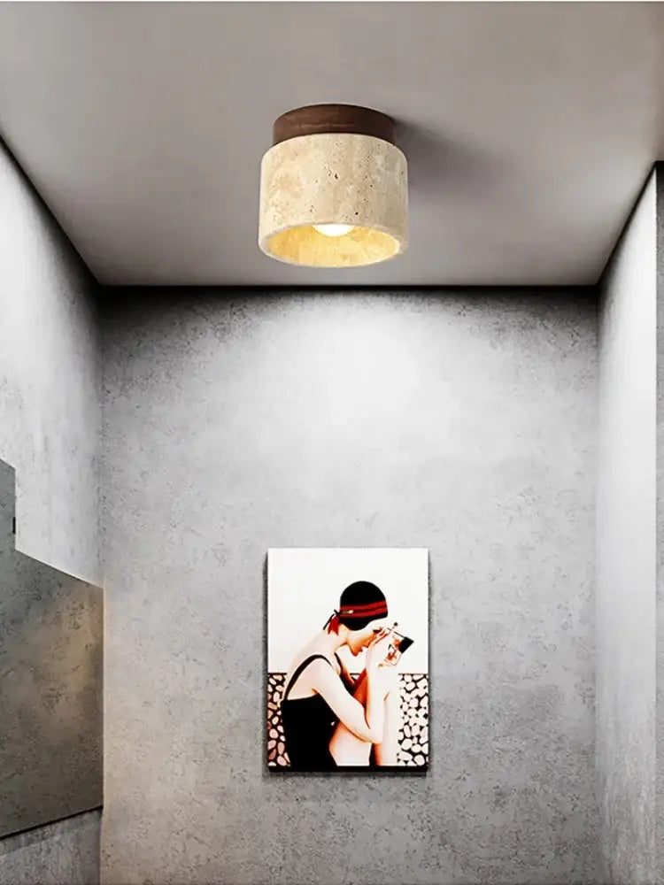 Yellow marble ceiling light beige fabric and wood for living room