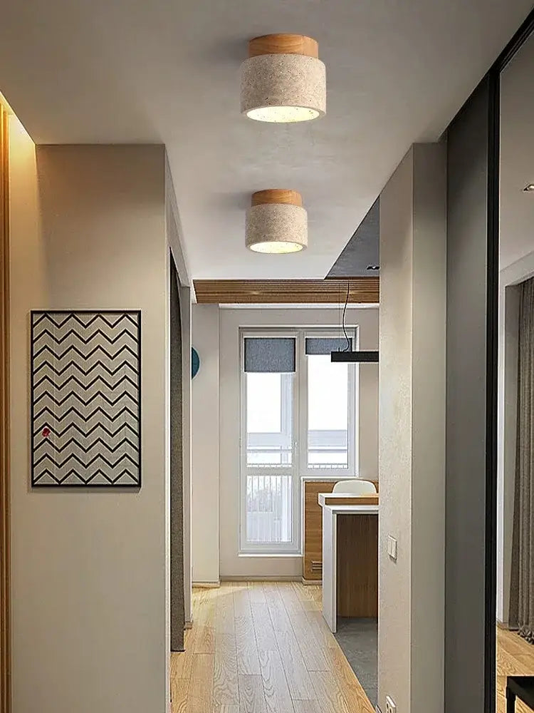 Yellow marble ceiling light beige fabric and wood for living room