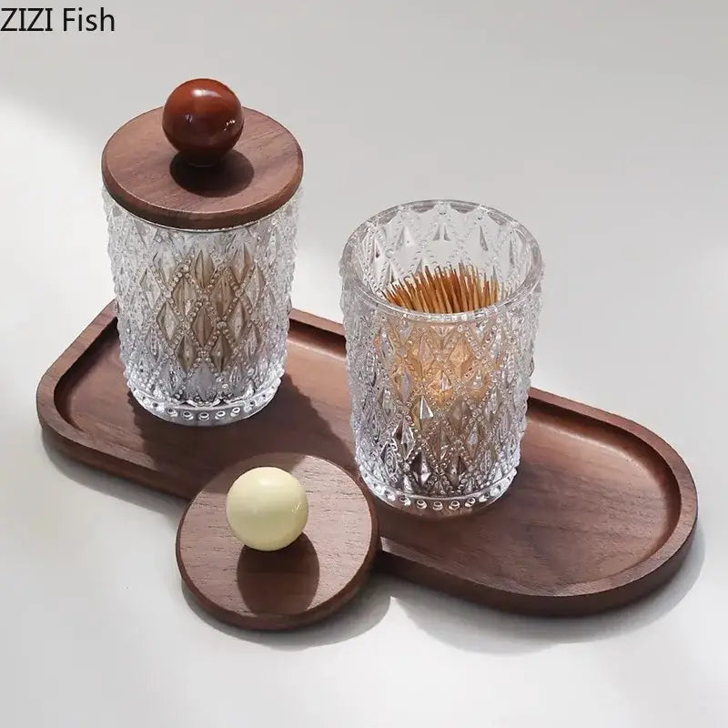 Diamond pattern glass jewelry jar with walnut lid bedroom storage