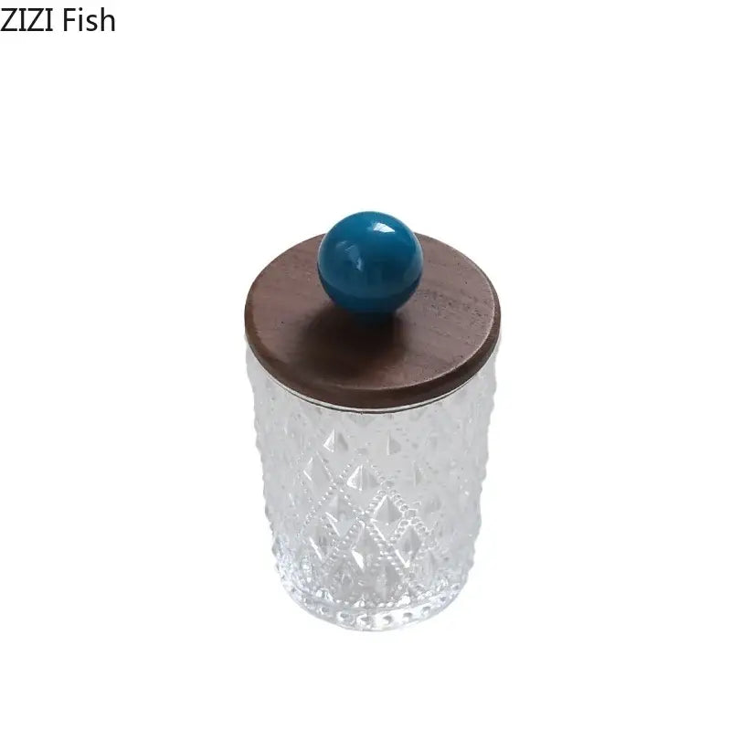 Diamond pattern glass jewelry jar with walnut lid bedroom storage
