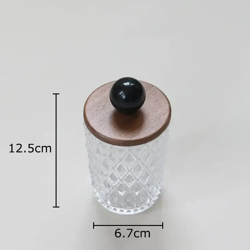 Diamond pattern glass jewelry jar with walnut lid bedroom storage