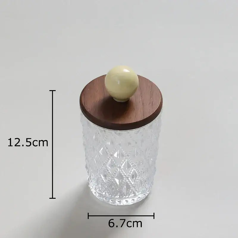 Diamond pattern glass jewelry jar with walnut lid bedroom storage