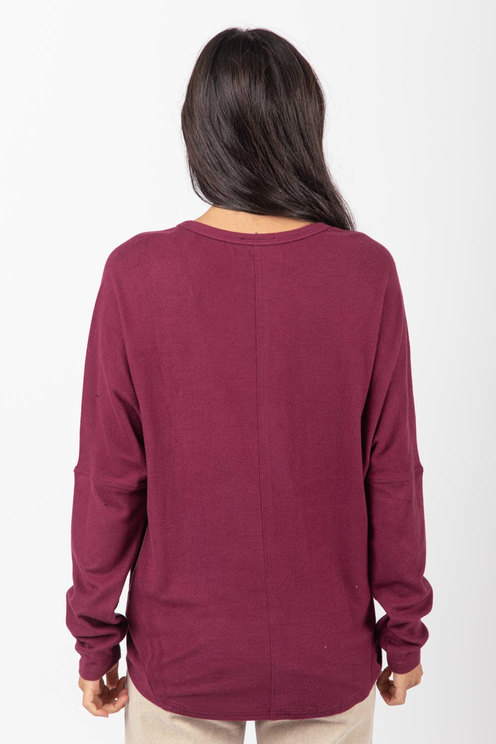 VERY J Dolman Sleeve Oversized Comfy Knit Western Top — Wine Color with Drop Shoulder (Small and Medium available)
