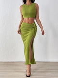 Texture Cropped Tank and Ruched Skirt Set