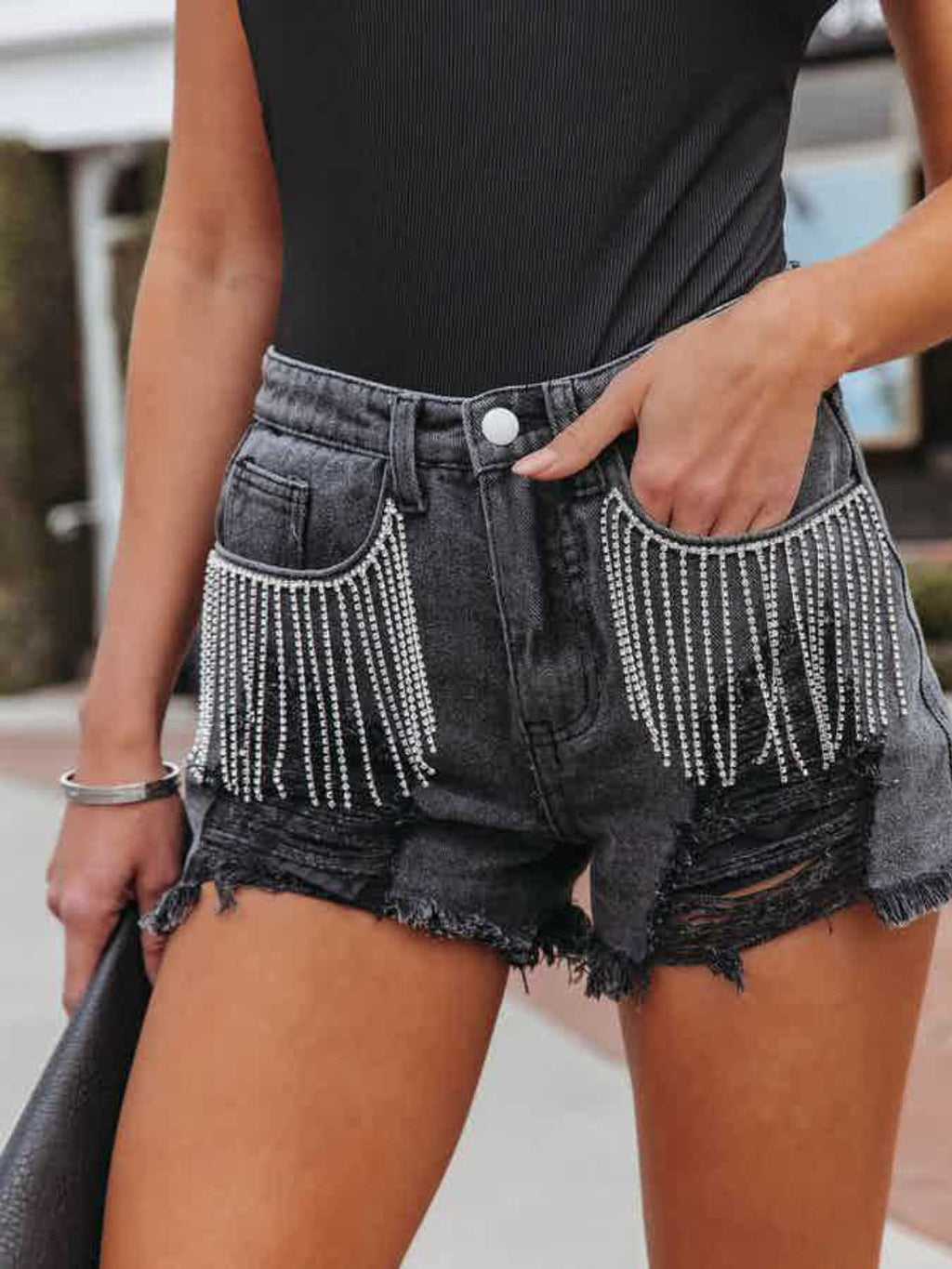 Women's Distressed Denim Bottoms with Pockets