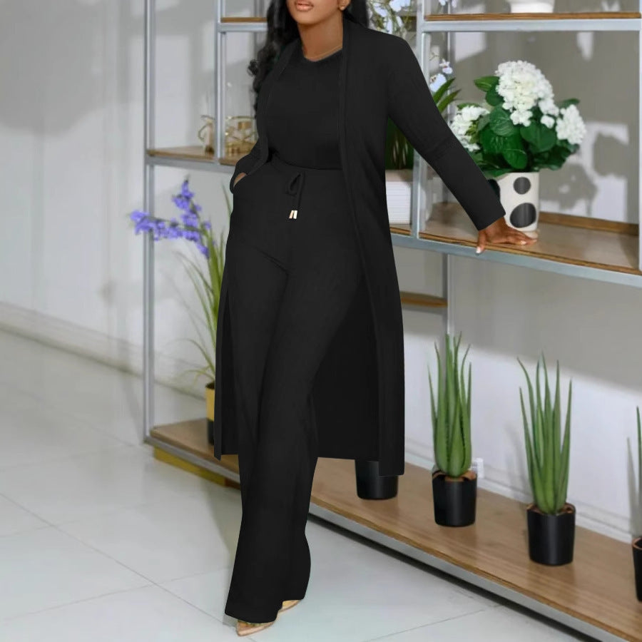 Women's Long Cardigan Jacket Sunken Business suit Stripe Wide Leg Two-piece Set