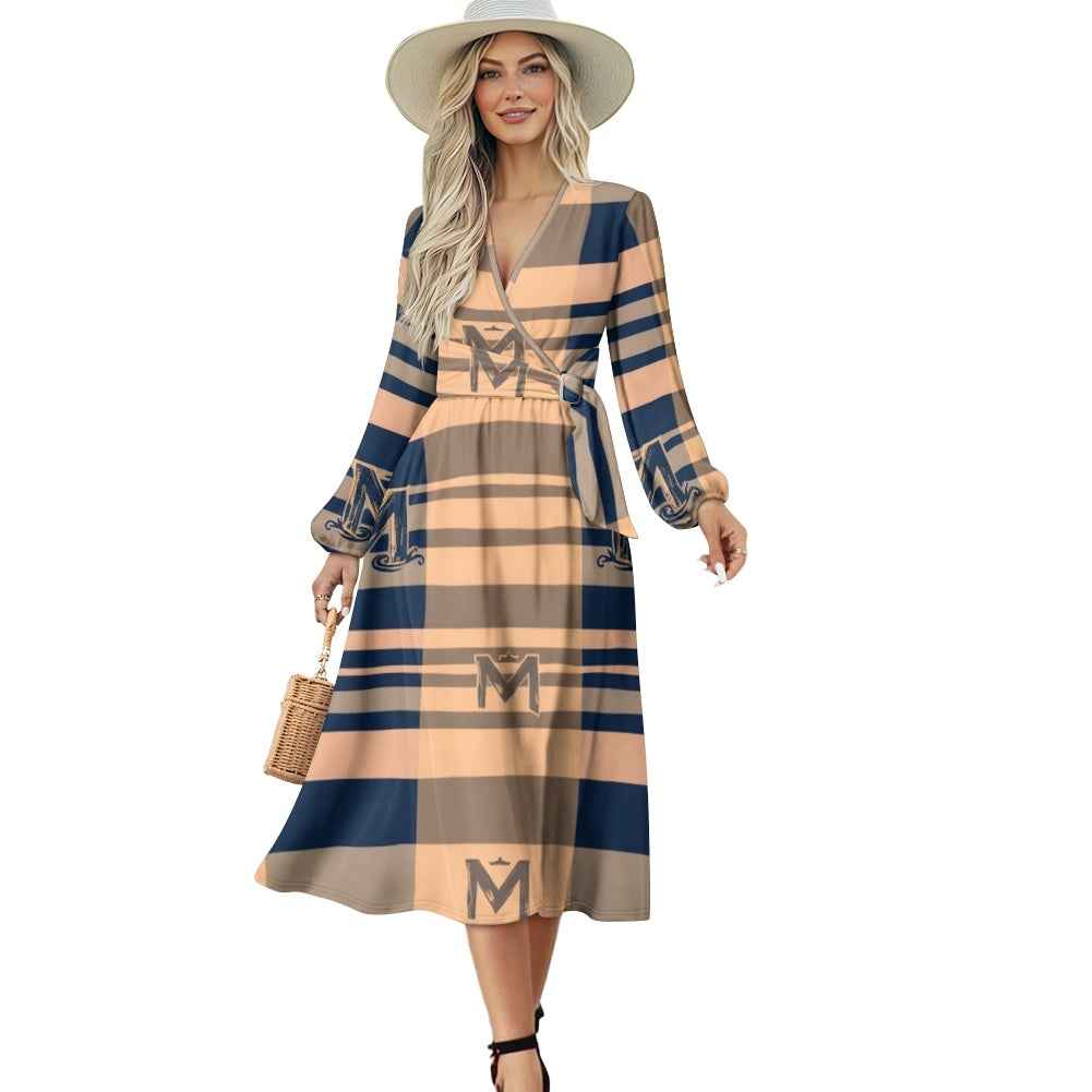 MUNSIEUR V-Neck Long Sleeve Tie Waist Midi Dress