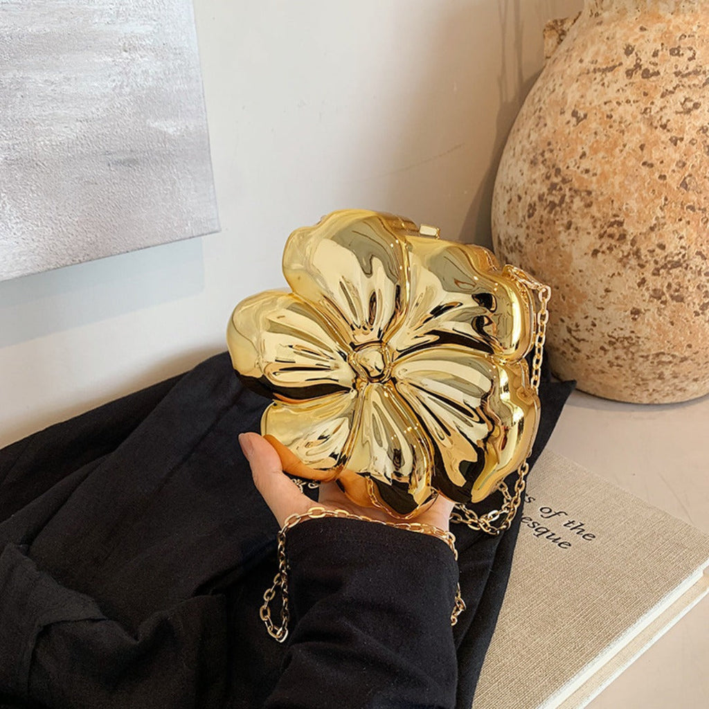 Elegant Flower Gold Acrylic Bag – Mini Dinner Bag & Prom Bag for Weddings, Parties, and Evenings – Stylish Clutch Purse with Glamorous Floral Design
