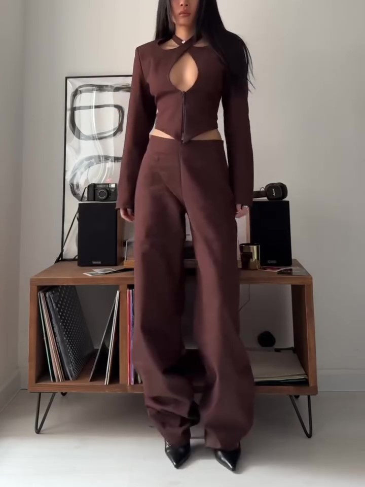 Brown Crop Top High Waist Jumpsuit Hip-Hop Street Fashion