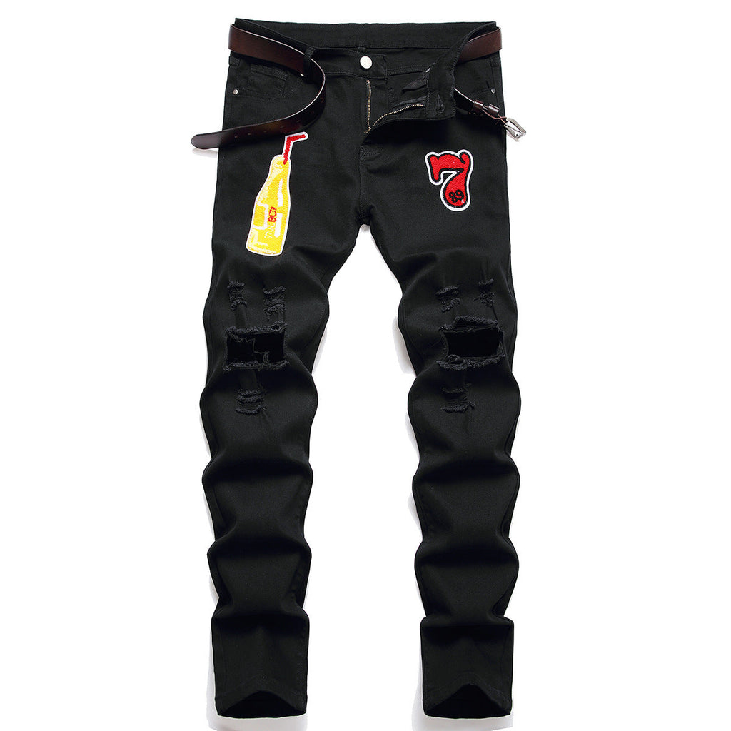 Men's Black Designer Patched Pants High Quality Fabric Slim-fitting