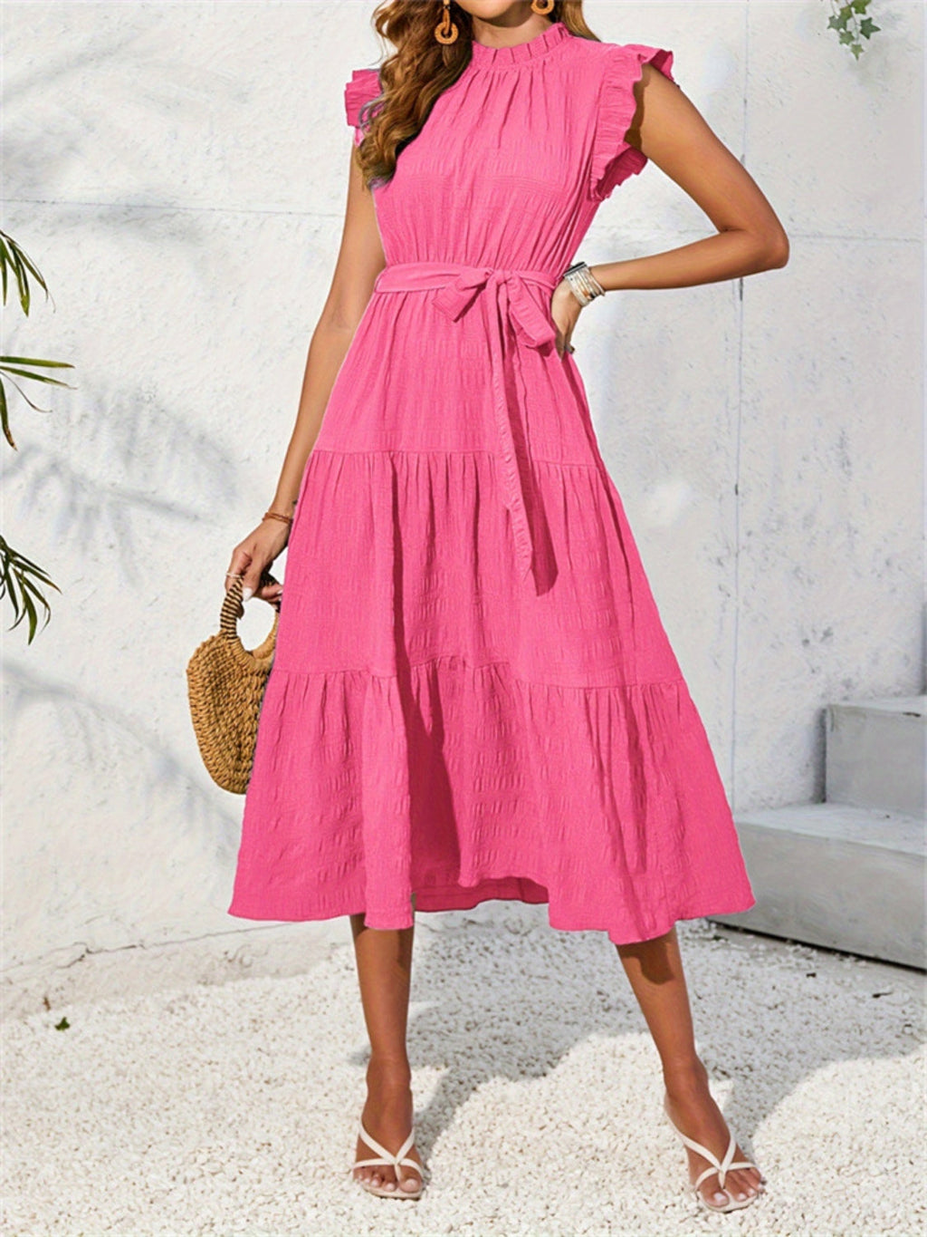 Women's Mock Ruffled Sleeve Midi Dress