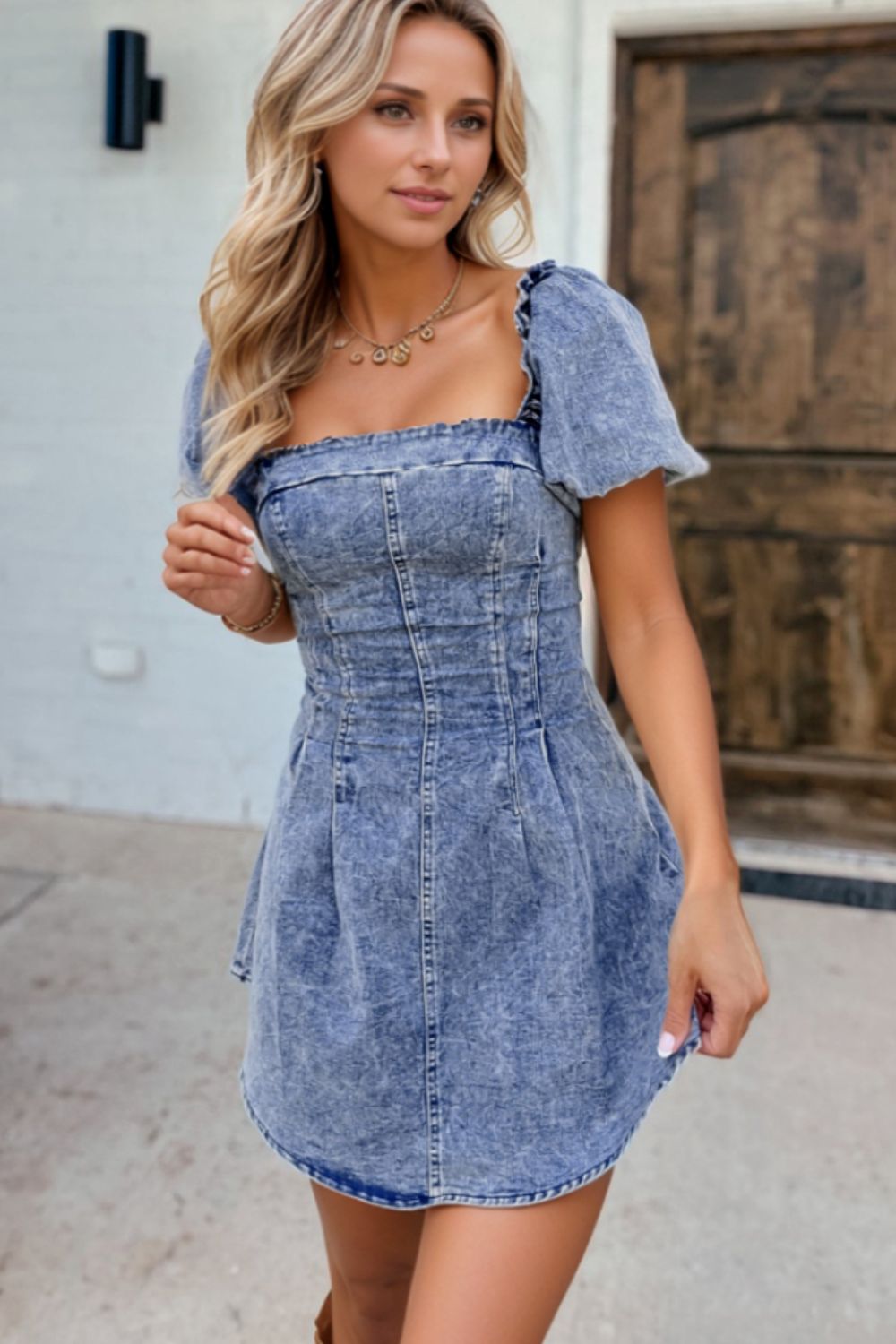 Munsieur Tie Back Square Neck Puff Sleeve Denim Dress