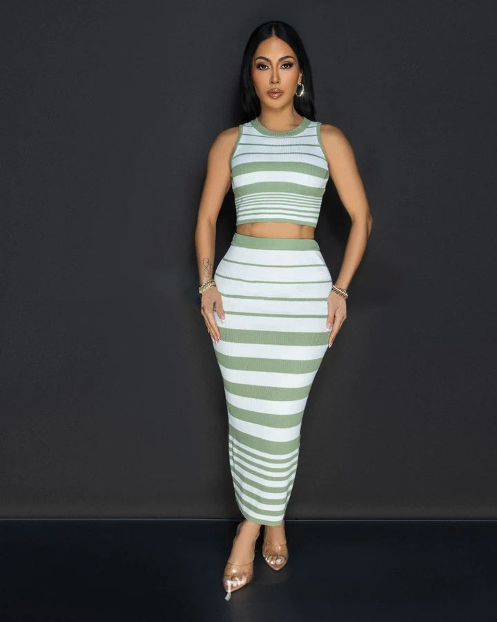 Women's Cute Hip Skirt Set Striped Maxi