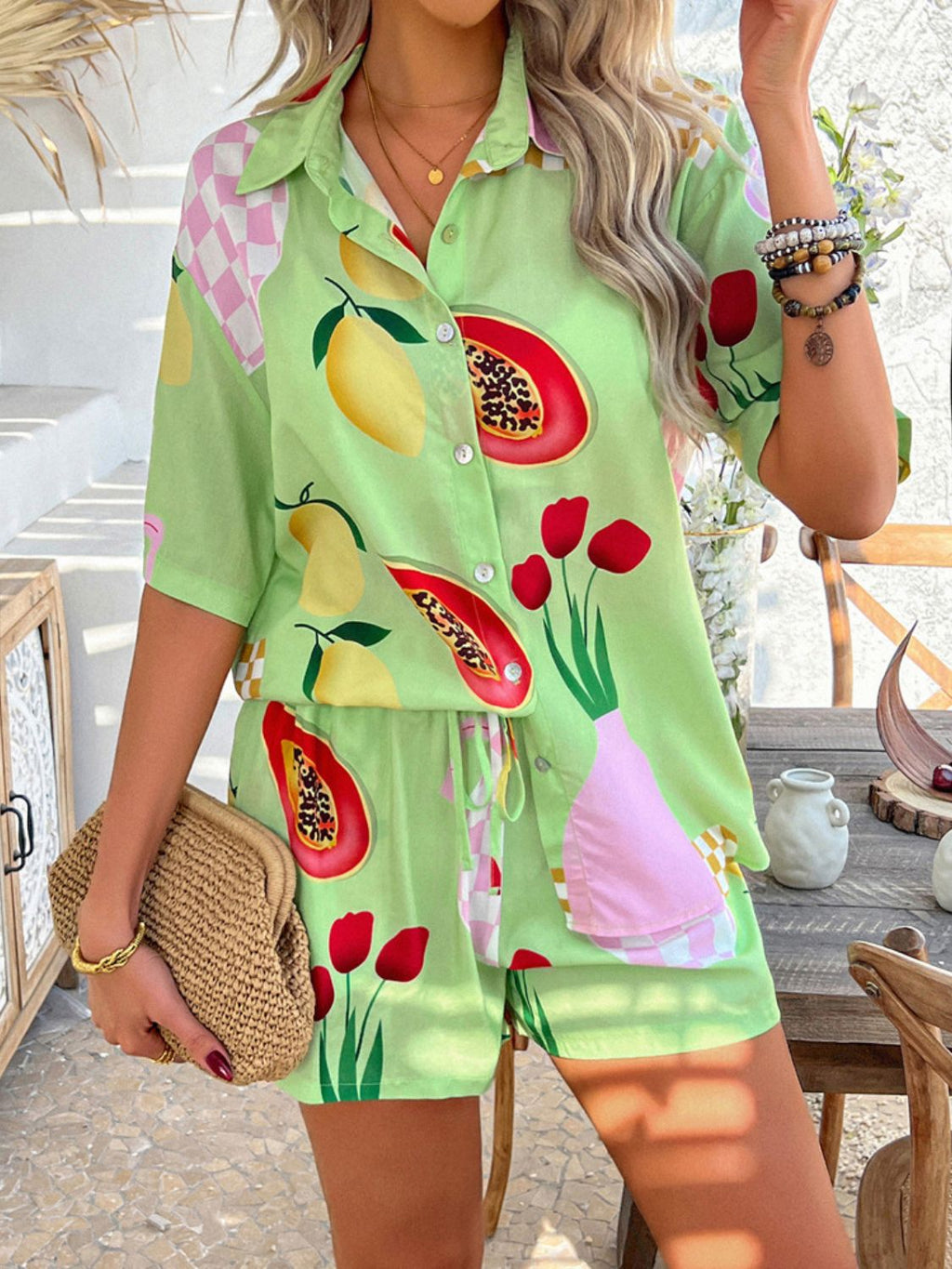 Women's Devine Printed Button-Down Romper Set Bottoms