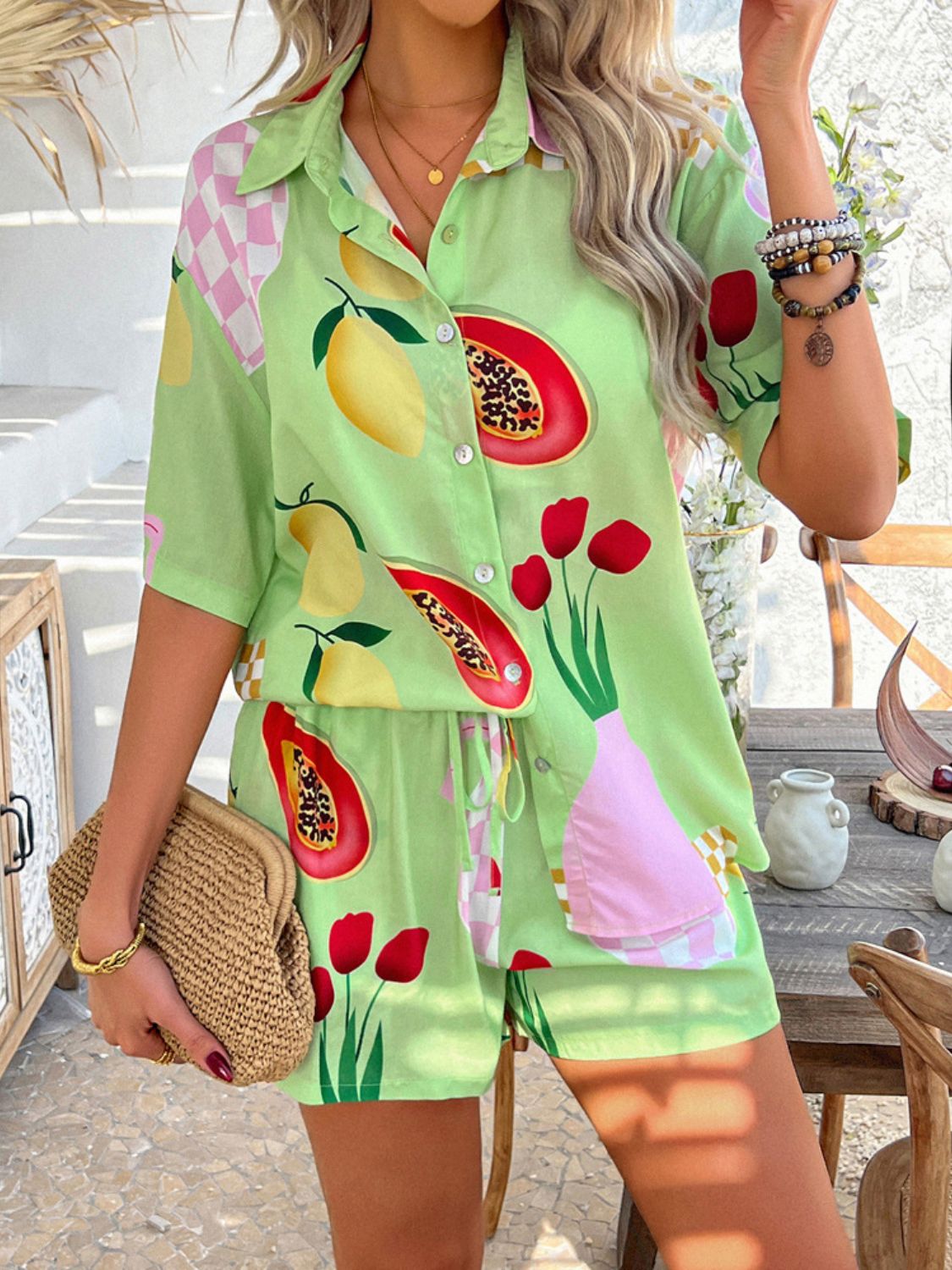 Women's Devine Printed Button-Down Romper Set Bottoms