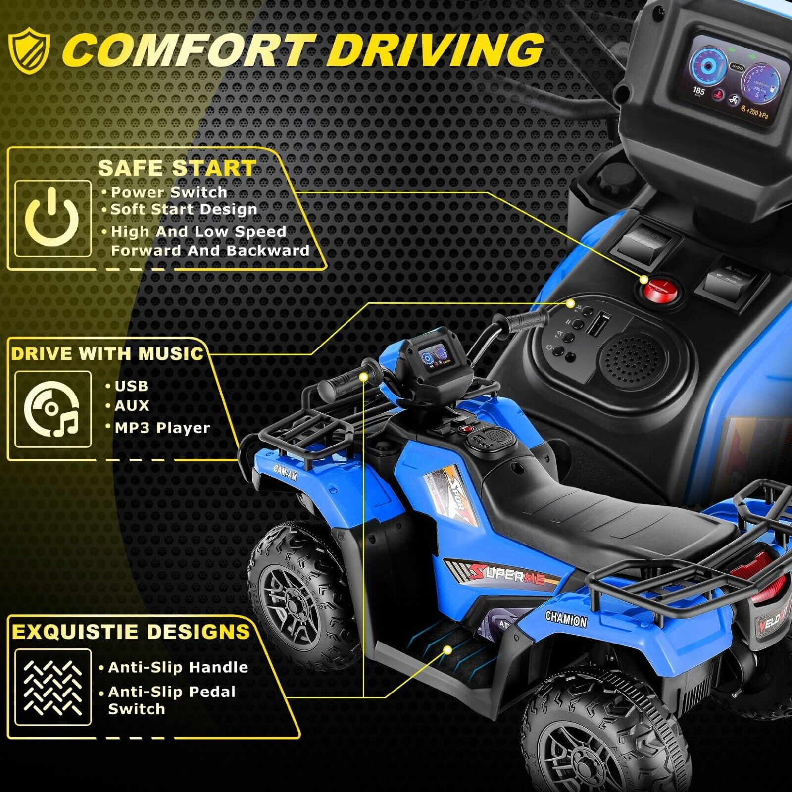 Electric 4-Wheeler Quad Car for Kids with MP3 & Light - 12V Battery Powered