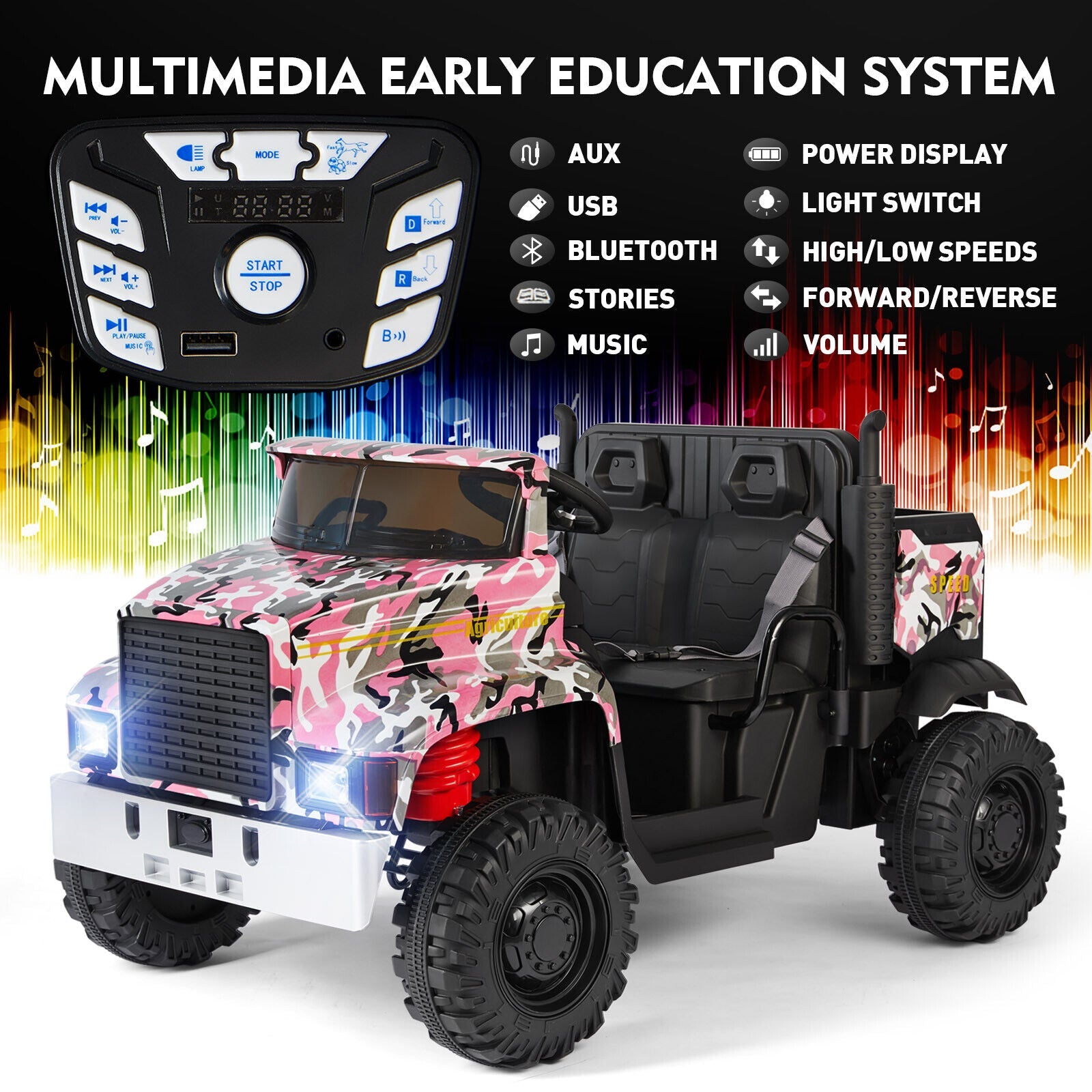 24V Battery-Powered Kids Ride On Truck with 3 Speeds and Remote Control - Camo Pink