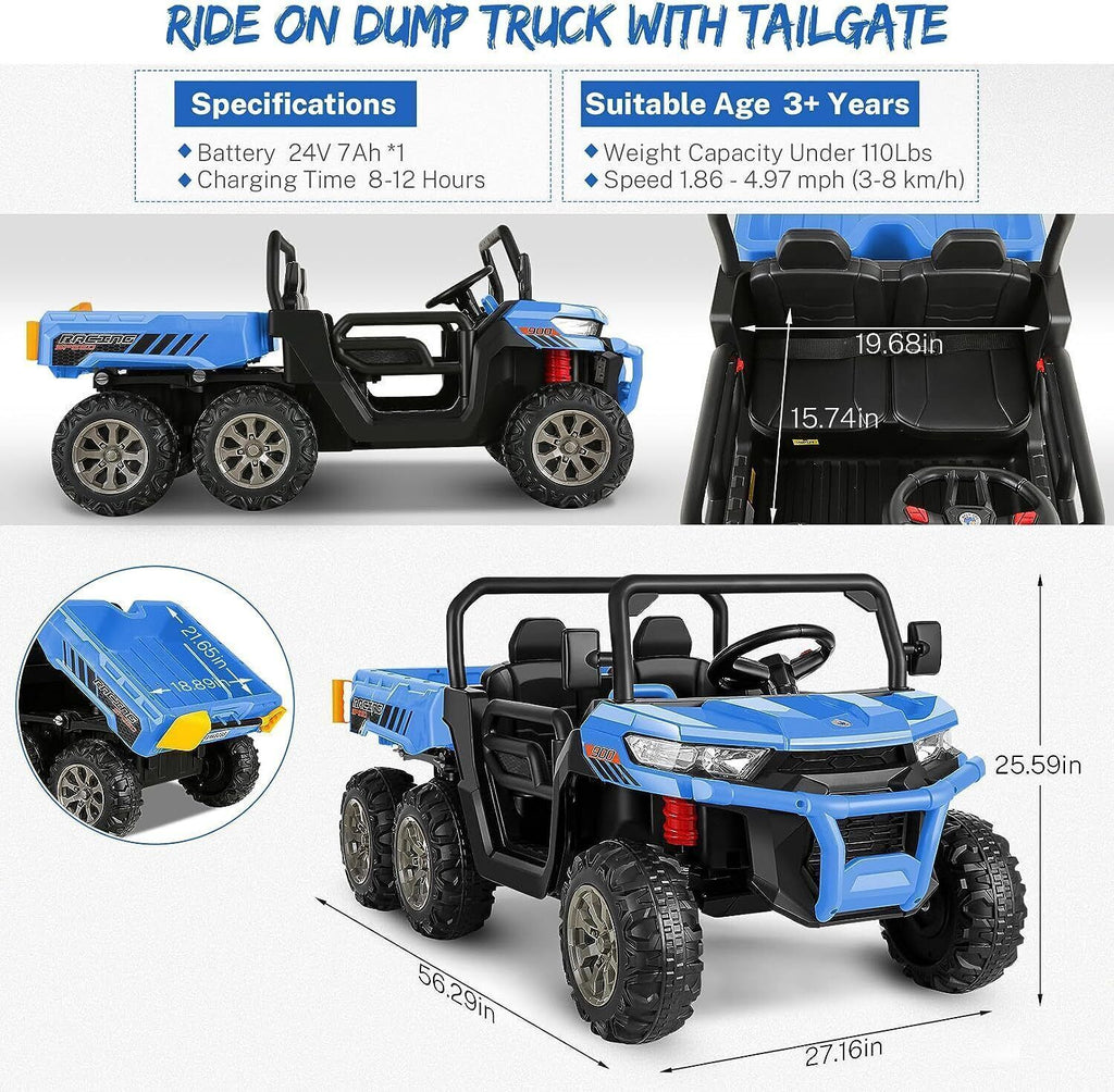 Electric 2 Seater Ride On Car with Dump Trailer - 24V Battery Powered 4WD Toy Tractor