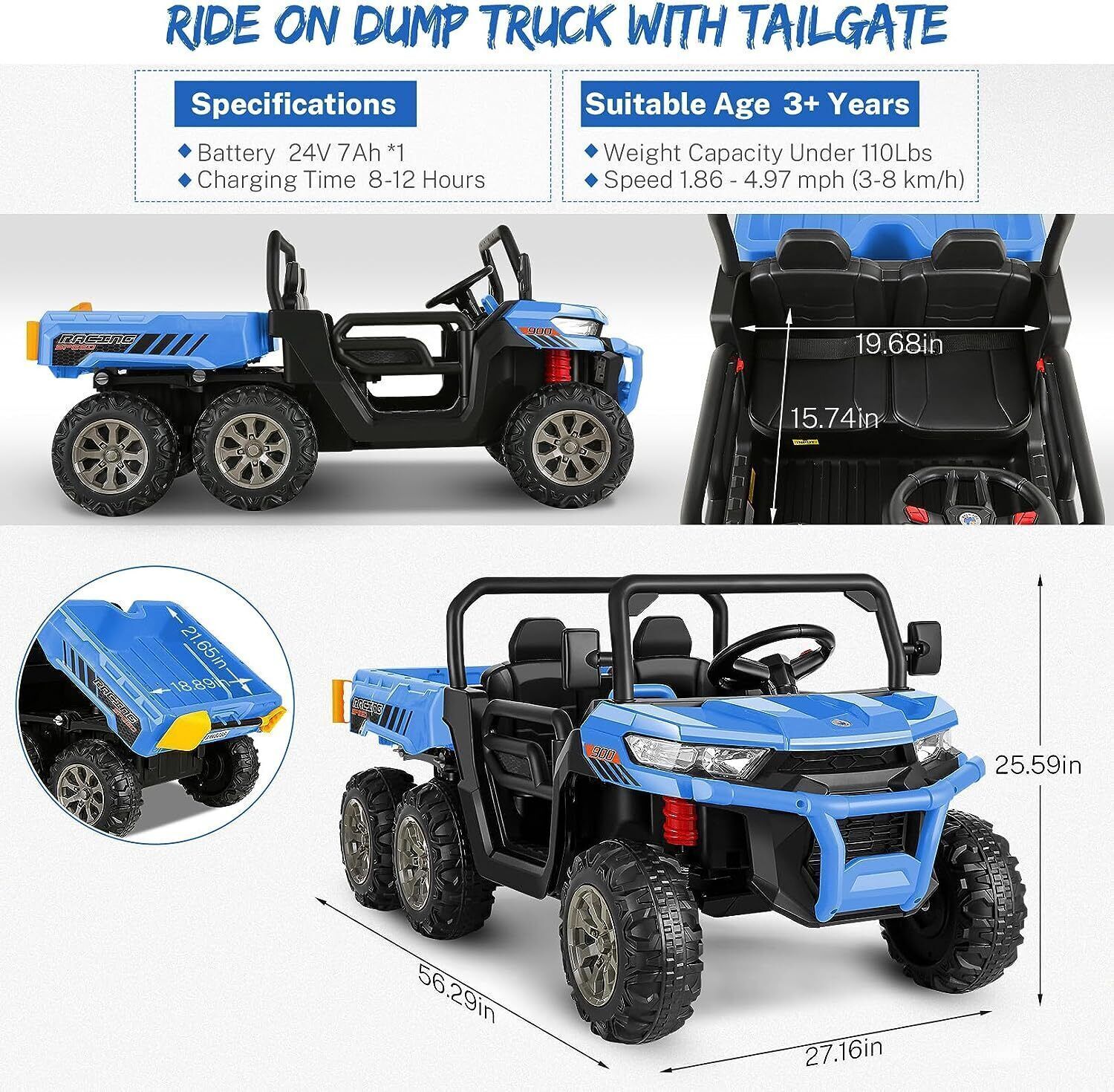 Electric 2 Seater Ride On Car with Dump Trailer - 24V Battery Powered 4WD Toy Tractor