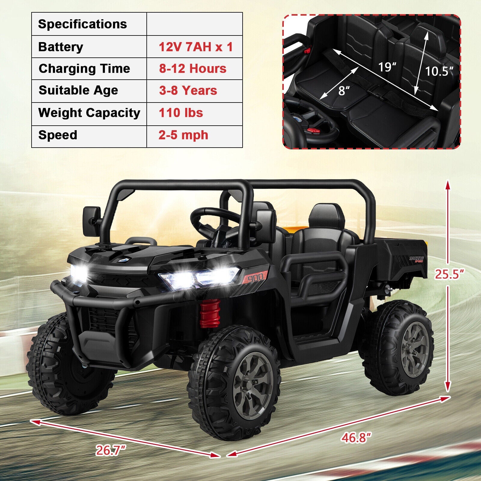 Electric 2 Seater UTV Dump Truck with Remote Control, Dump Bed, and Shovel - Black
