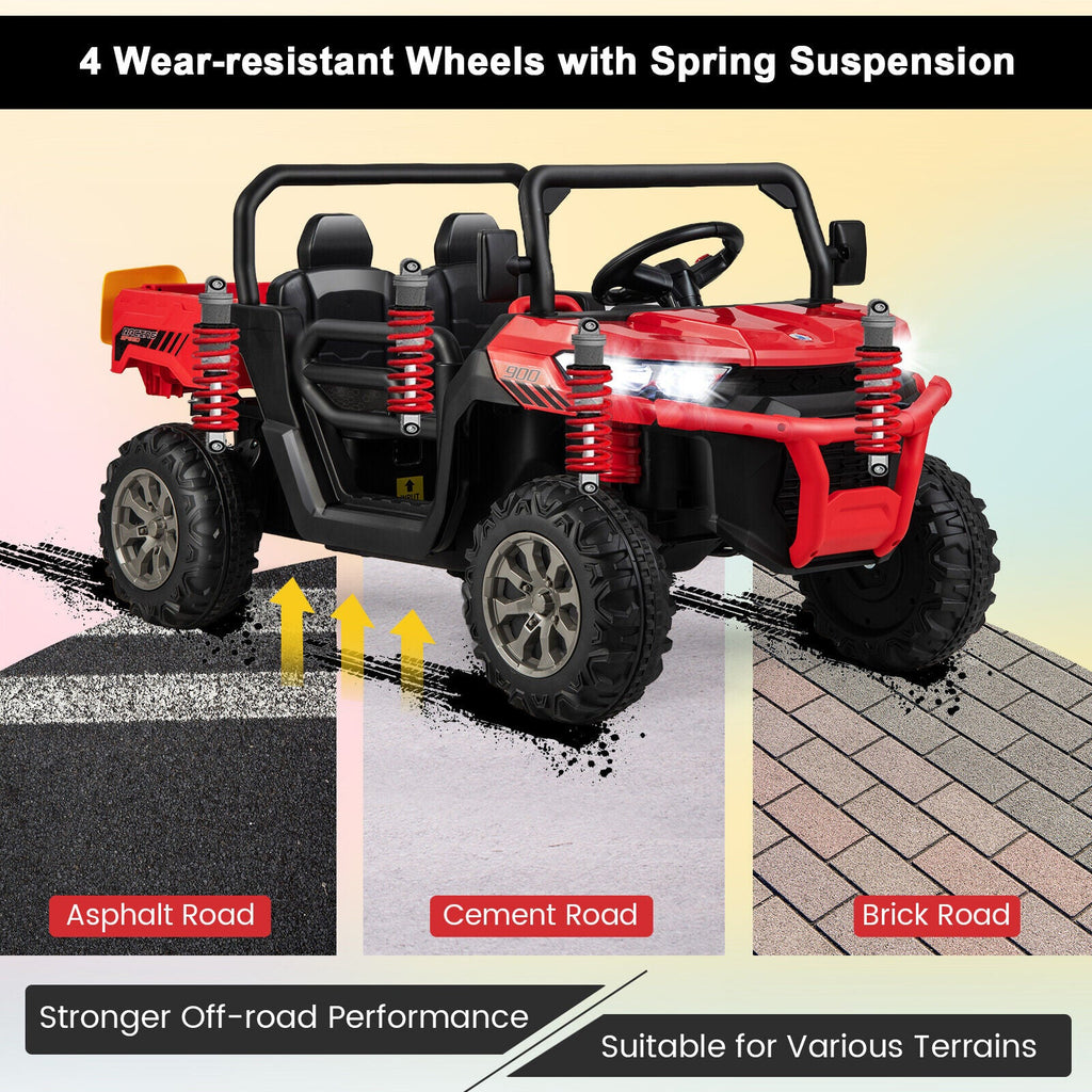 Electric 2 Seater UTV Dump Truck with Remote Control, Dump Bed, and Shovel - Red
