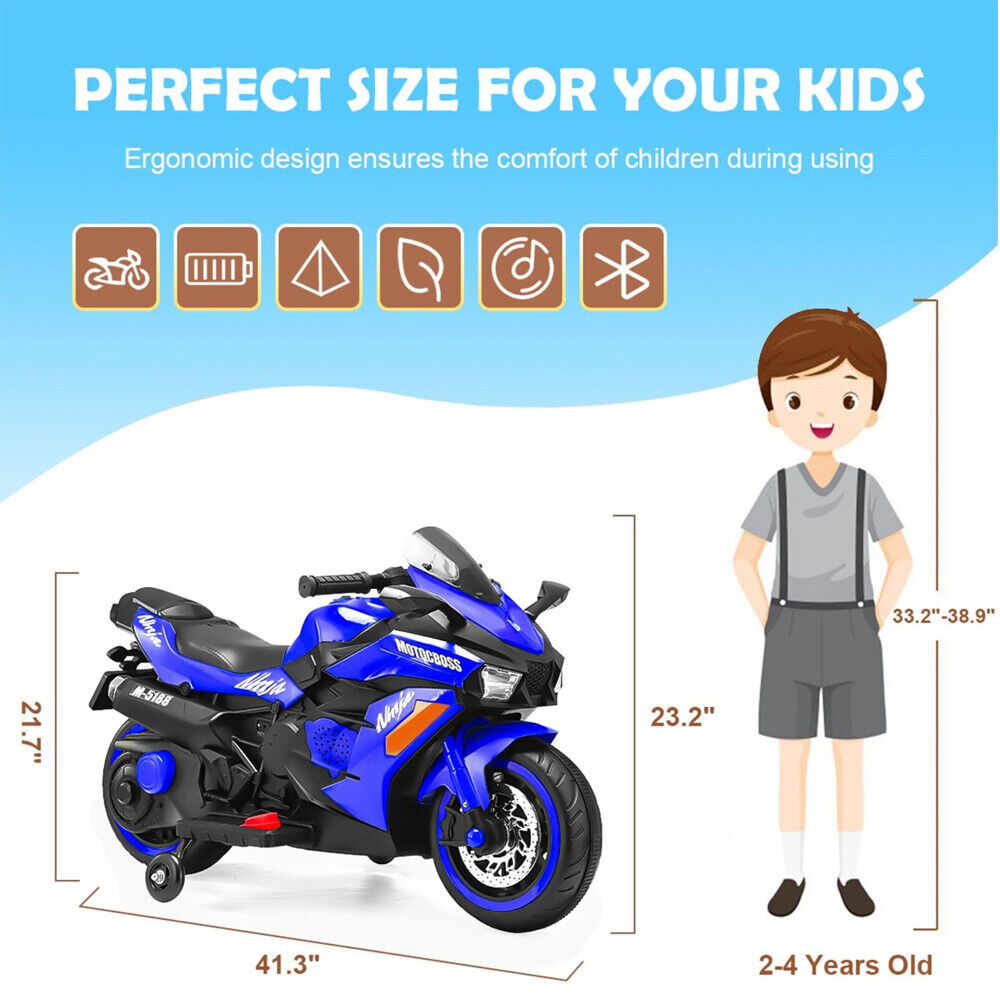 Electric 2-Wheel Kids Motorbike with Music and LED Lights - 12V Battery Powered