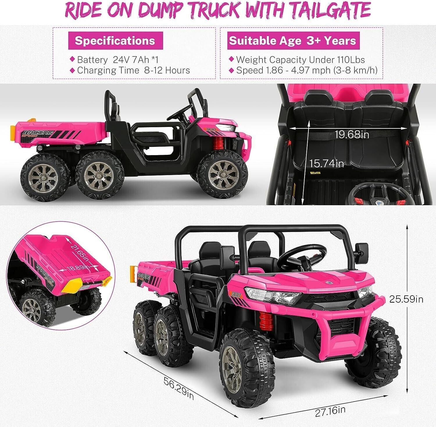 Electric 24V Battery-Powered 2-Seat Dump Truck Ride-On Toy for Kids with 6 Wheels - Perfect Gift!