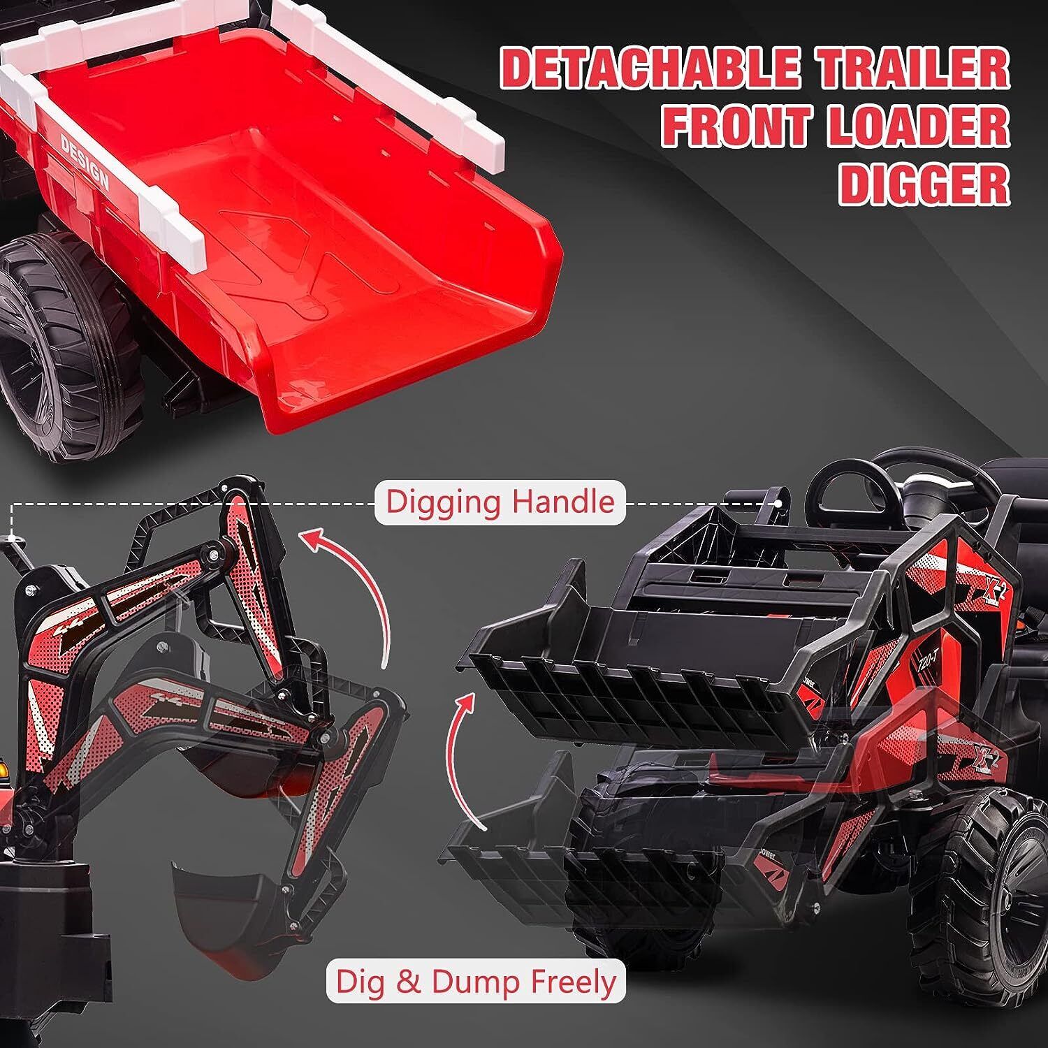 Electric 24V Ride-On Excavator Bulldozer with Trailer for Kids - Remote Control Included