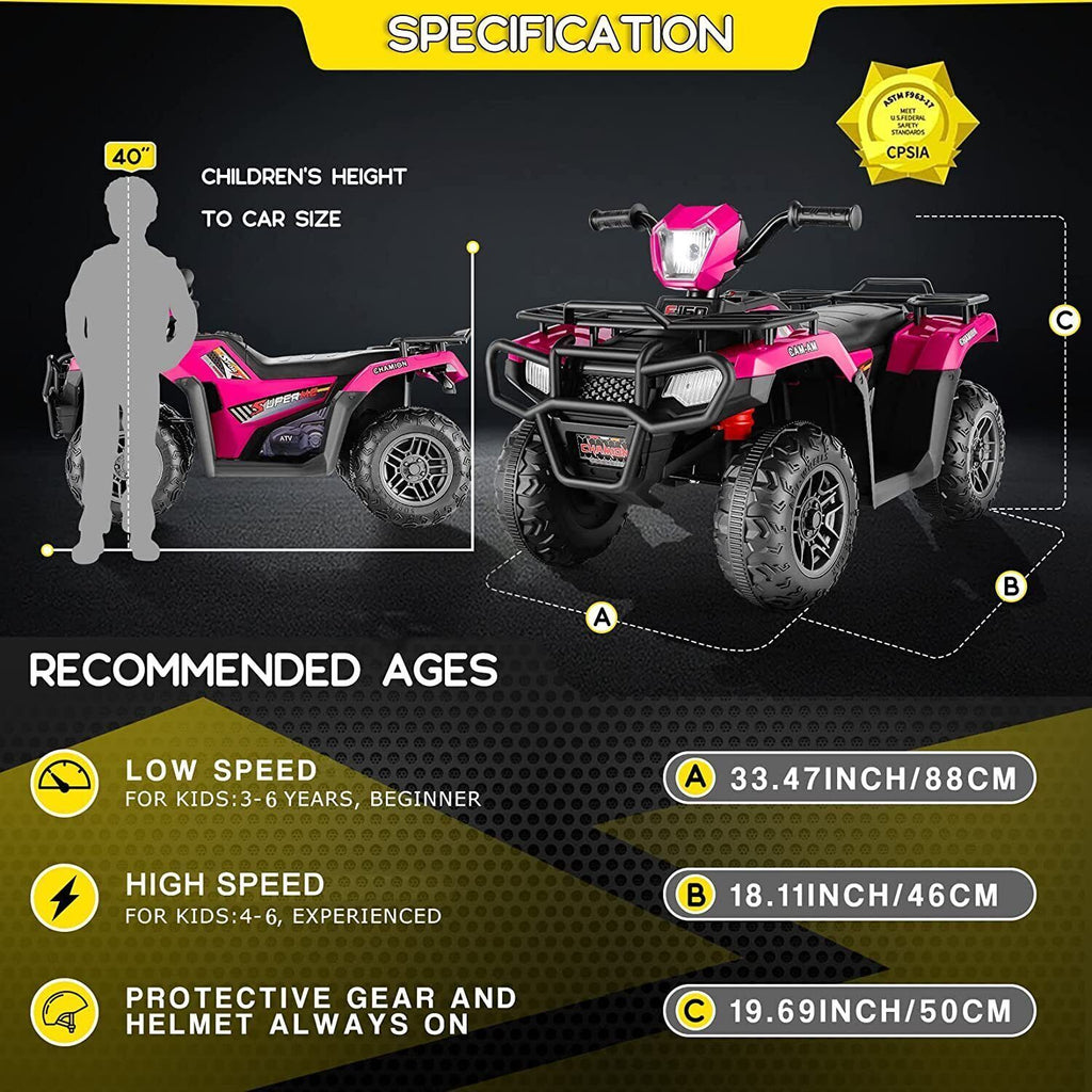 Electric 4-Wheeler ATV Quad for Kids with LED Lights, USB and MP3 Player - Suitable for Girls and Boys Aged 2-3