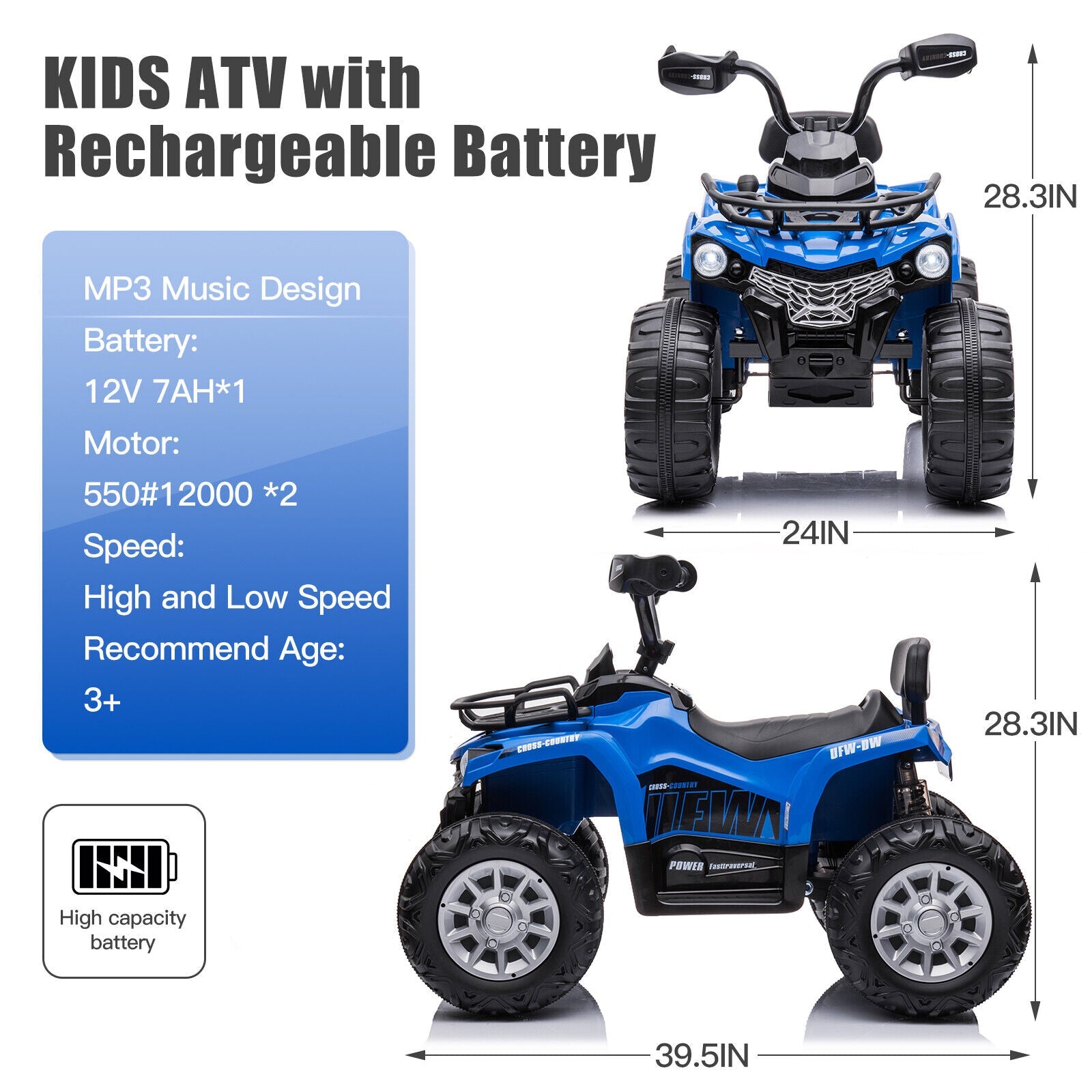 Electric 4-Wheeler ATV Quad Ride On Car for Kids with LED Lights and MP3 Player - 2 Speeds
