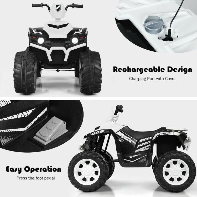Electric 4-Wheeler ATV Quad Ride On Car for Kids with LED Lights and Music - White