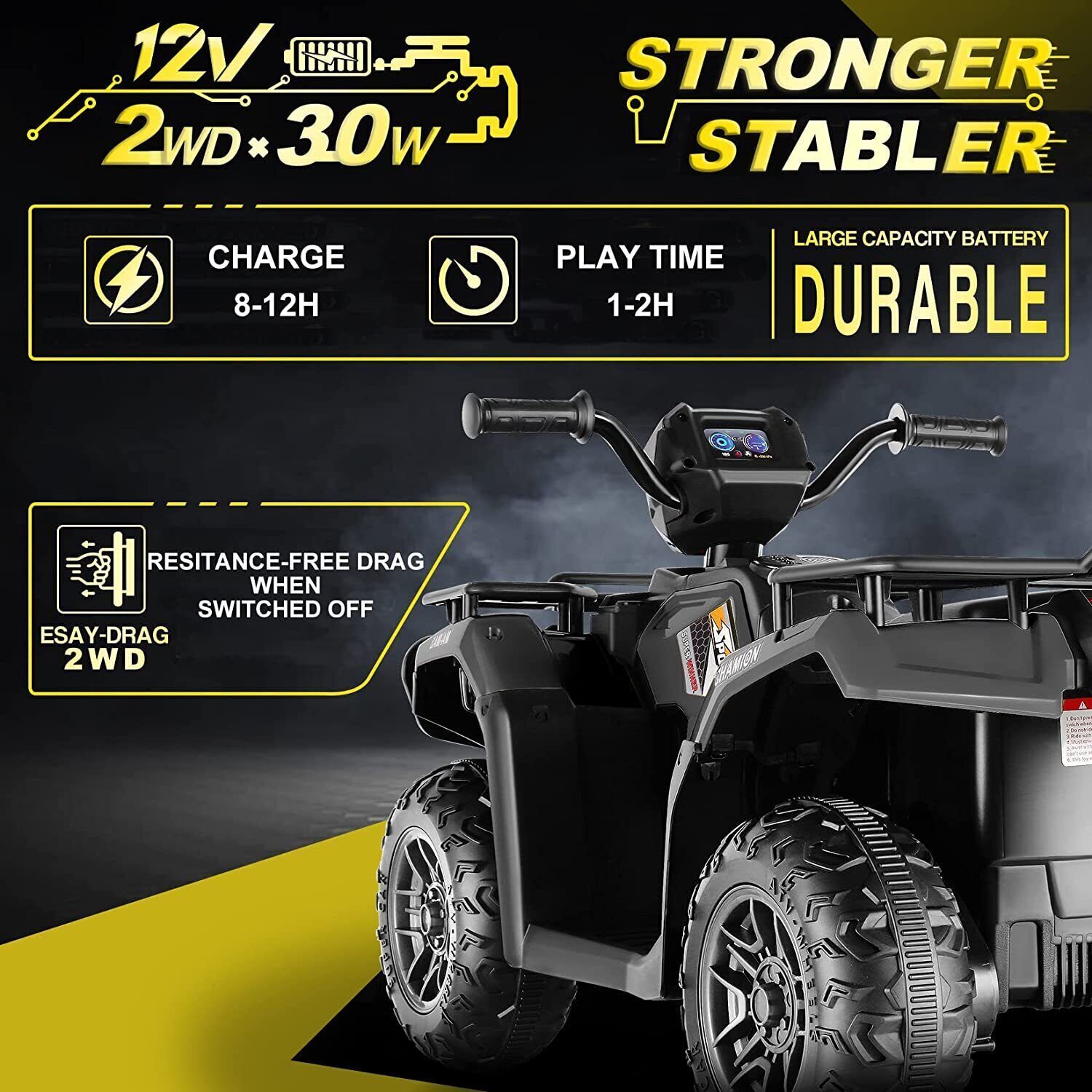 Electric 4-Wheeler Quad Car for Kids with MP3 & USB - 12V Battery Powered
