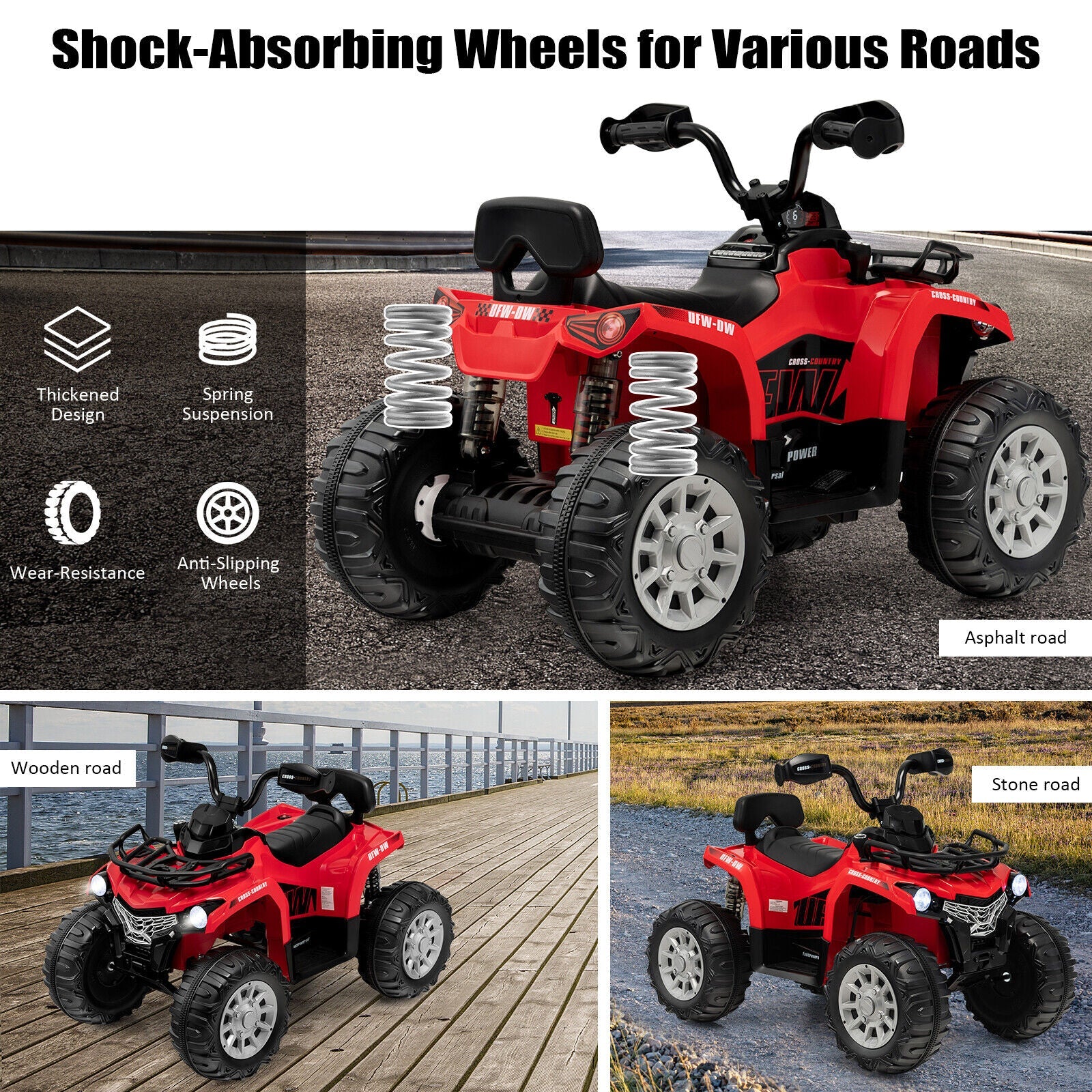 Electric 4-Wheeler Quad for Kids with 2 Speeds, MP3 Player, and Headlights - Red