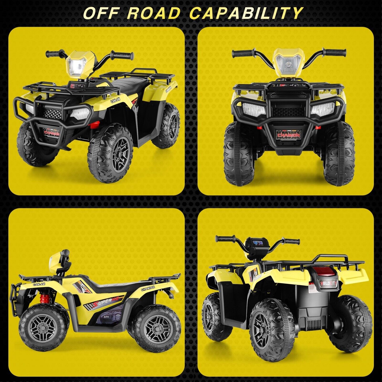 Electric 4-Wheeler Quad for Kids with MP3 & Headlights - 2 Speeds, 12V, Yellow