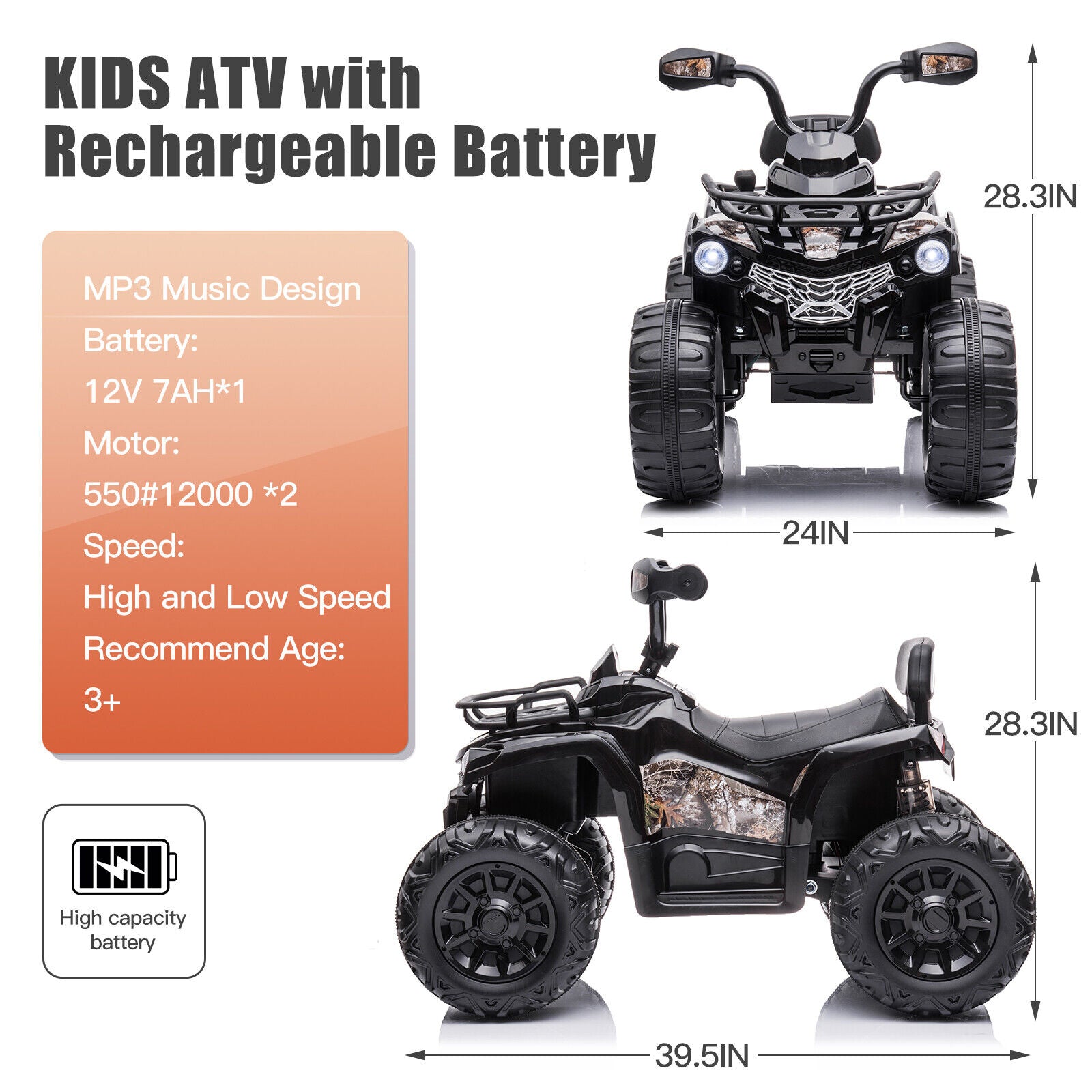 Electric Kids Ride On ATV 4-Wheeler Quad with Music and LED Lights - 12V, Black