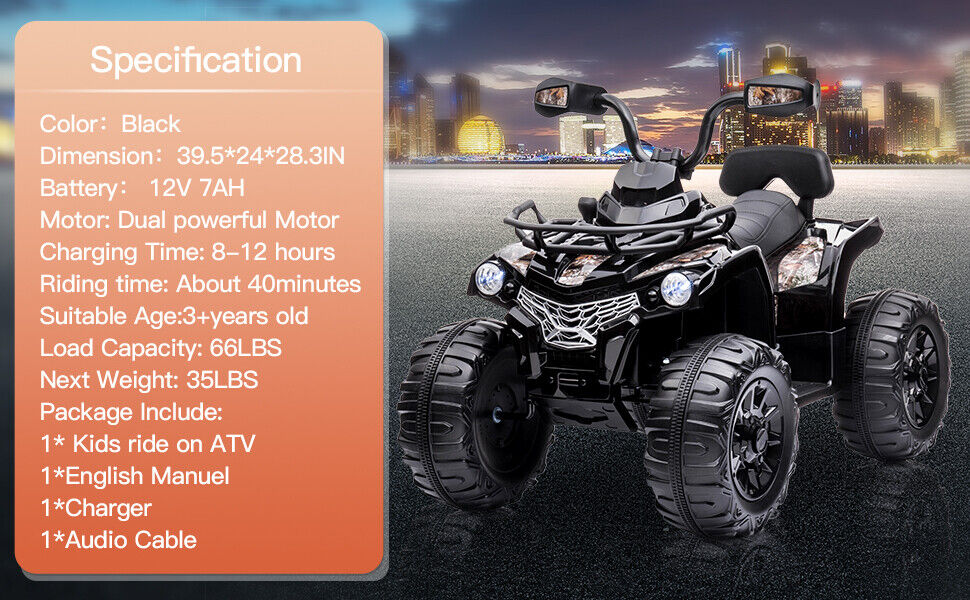 Electric Kids Ride On ATV 4-Wheeler Quad with Music and LED Lights - 12V, Black