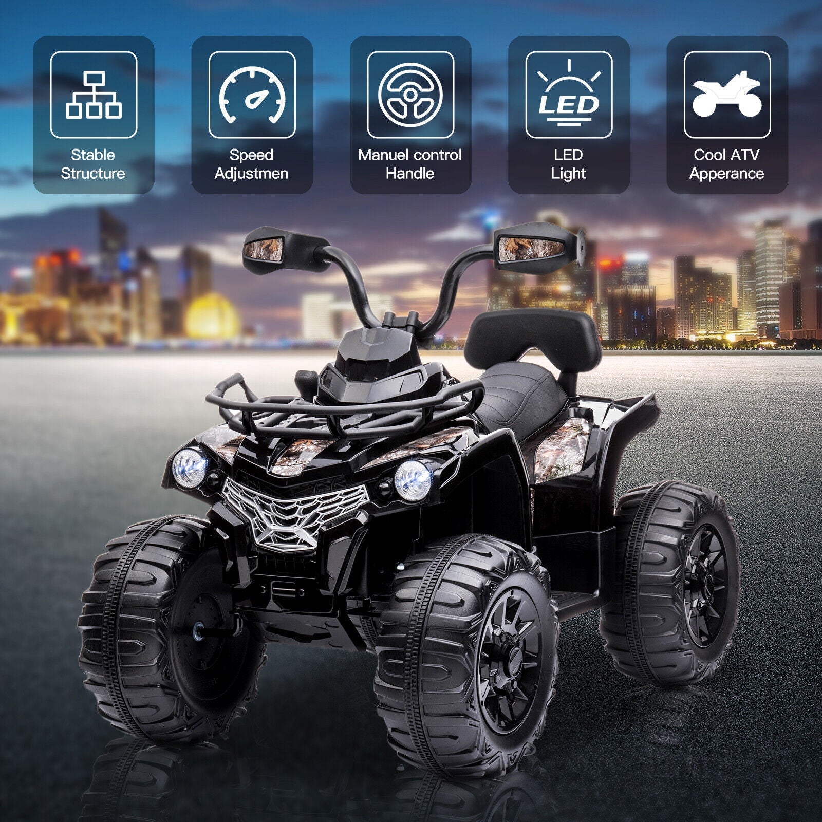 Electric 4-Wheeler Quad for Kids with Music and LED Lights - 12V Black ATV Ride-On