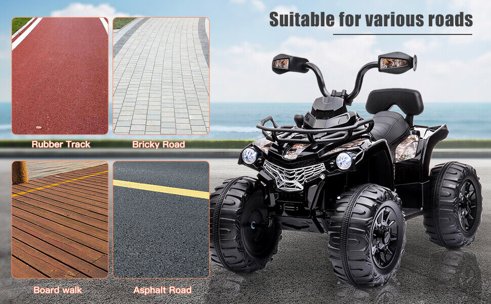 Electric 4-Wheeler Quad for Kids with Music and LED Lights - 12V Black ATV Ride-On