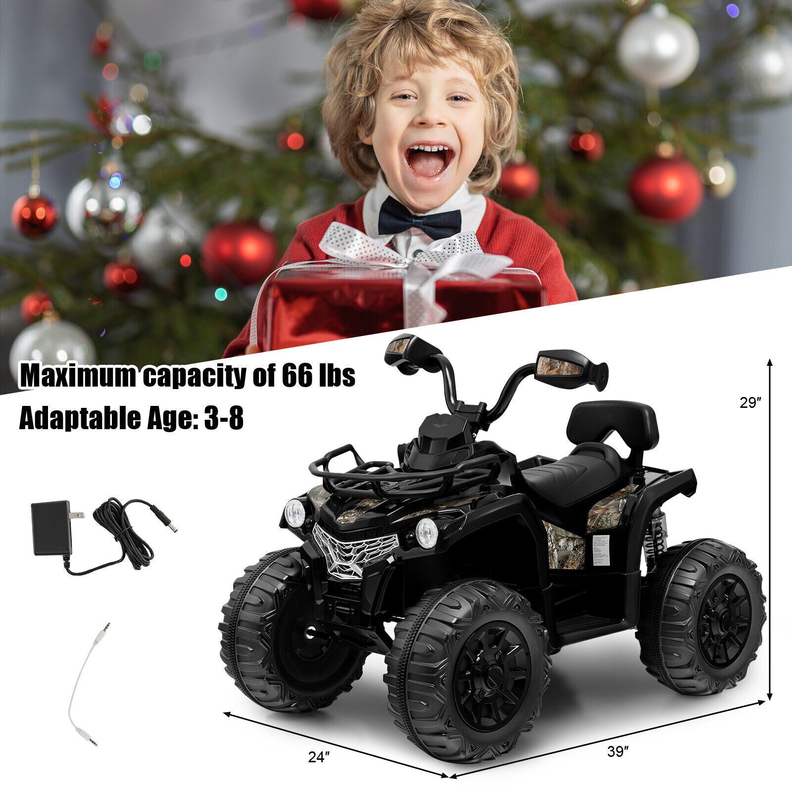 12V Kids Ride On Quad ATV with LED Headlights - Battery Powered Toy for Hours of Fun!