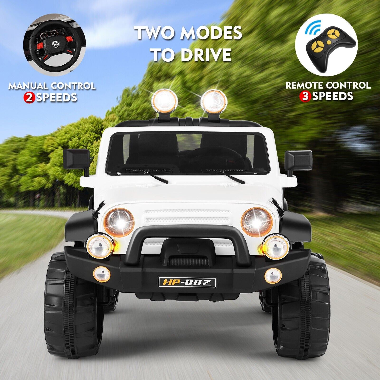 Electric Battery Kids Ride-On Car Truck with LED Lights, MP3 Player, and Remote Control - White