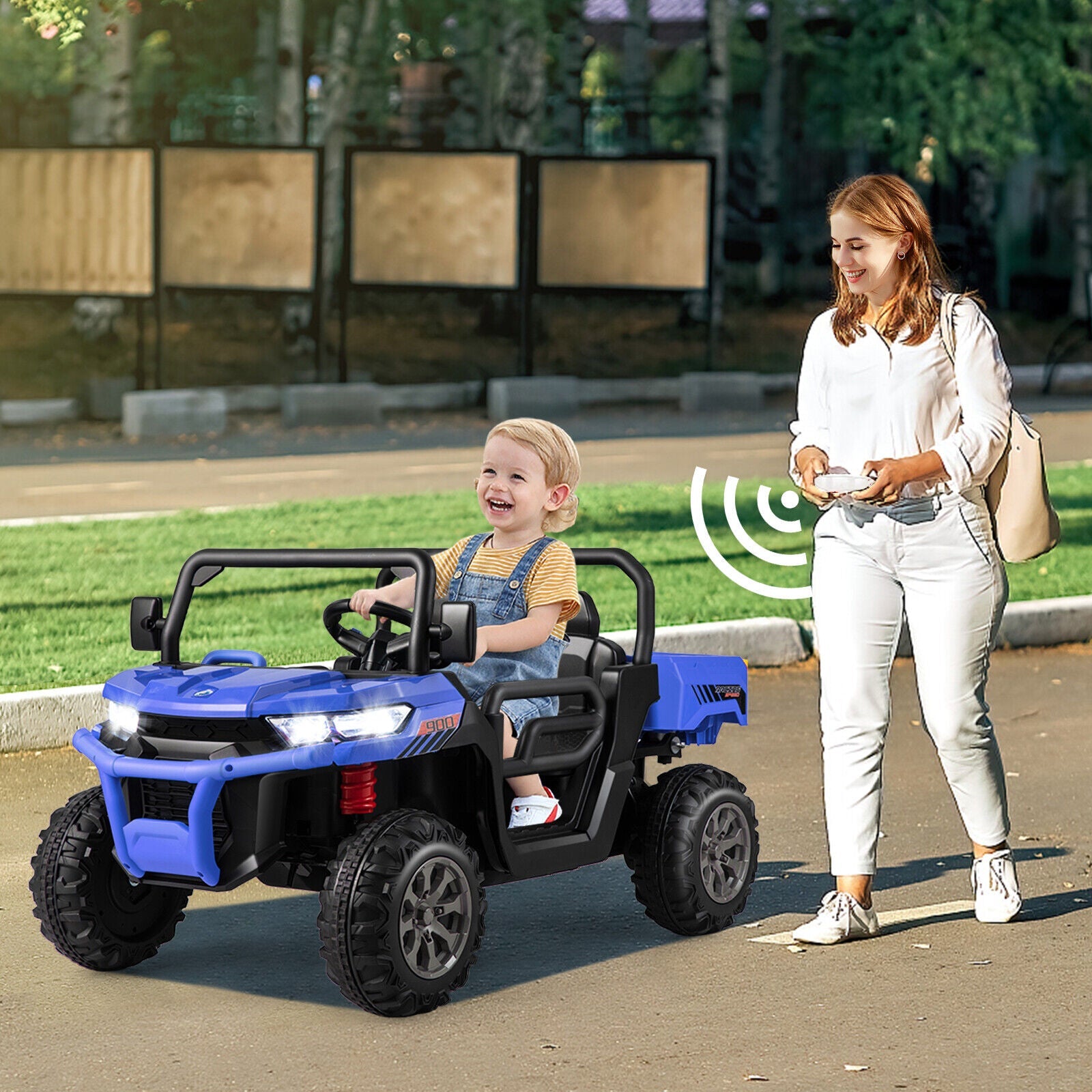 Electric Blue 2 Seater UTV Dump Truck with Remote Control, Dump Bed, and Shovel